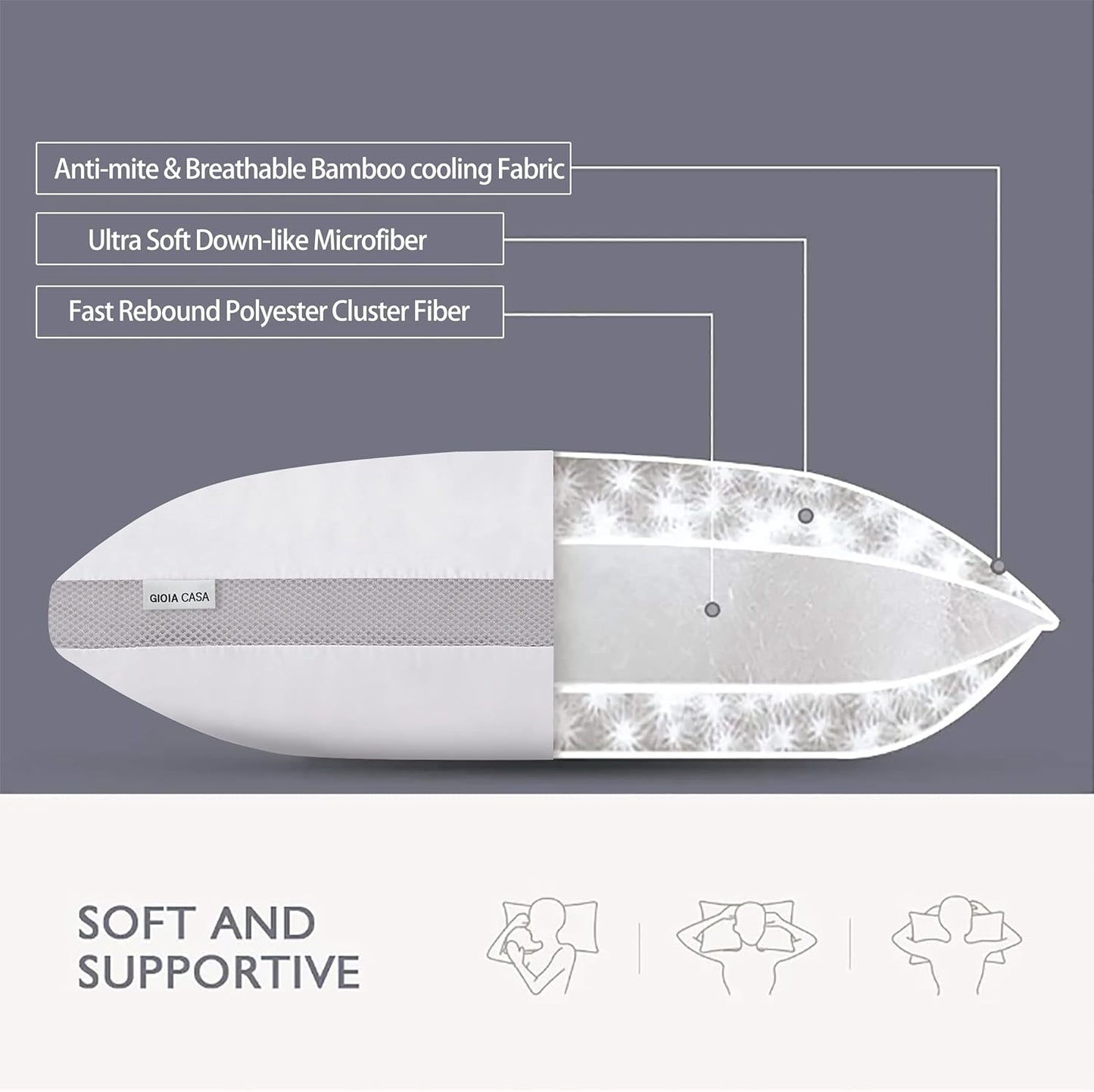 Bamboo Cooling Pillows Twin Pack Luxury Plush Down-Like Microfibre Ultra Soft, Comfy & Breathable Standard