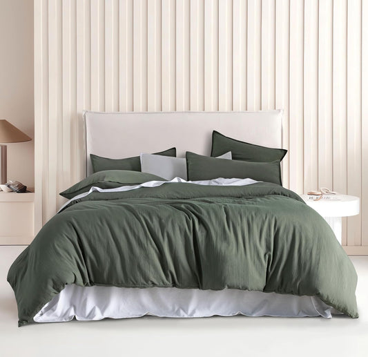 Vintage Washed Microfibre Quilt Cover Set (3Pcs) - Khaki Green - Queen Size