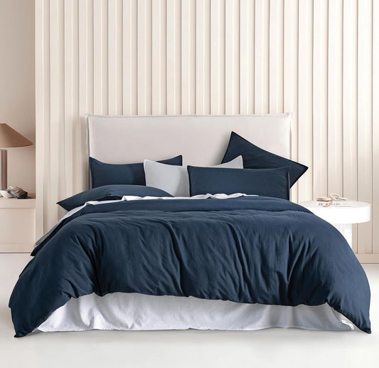 Vintage Washed Microfibre Quilt Cover Set (3Pcs) - Navy - Queen Size