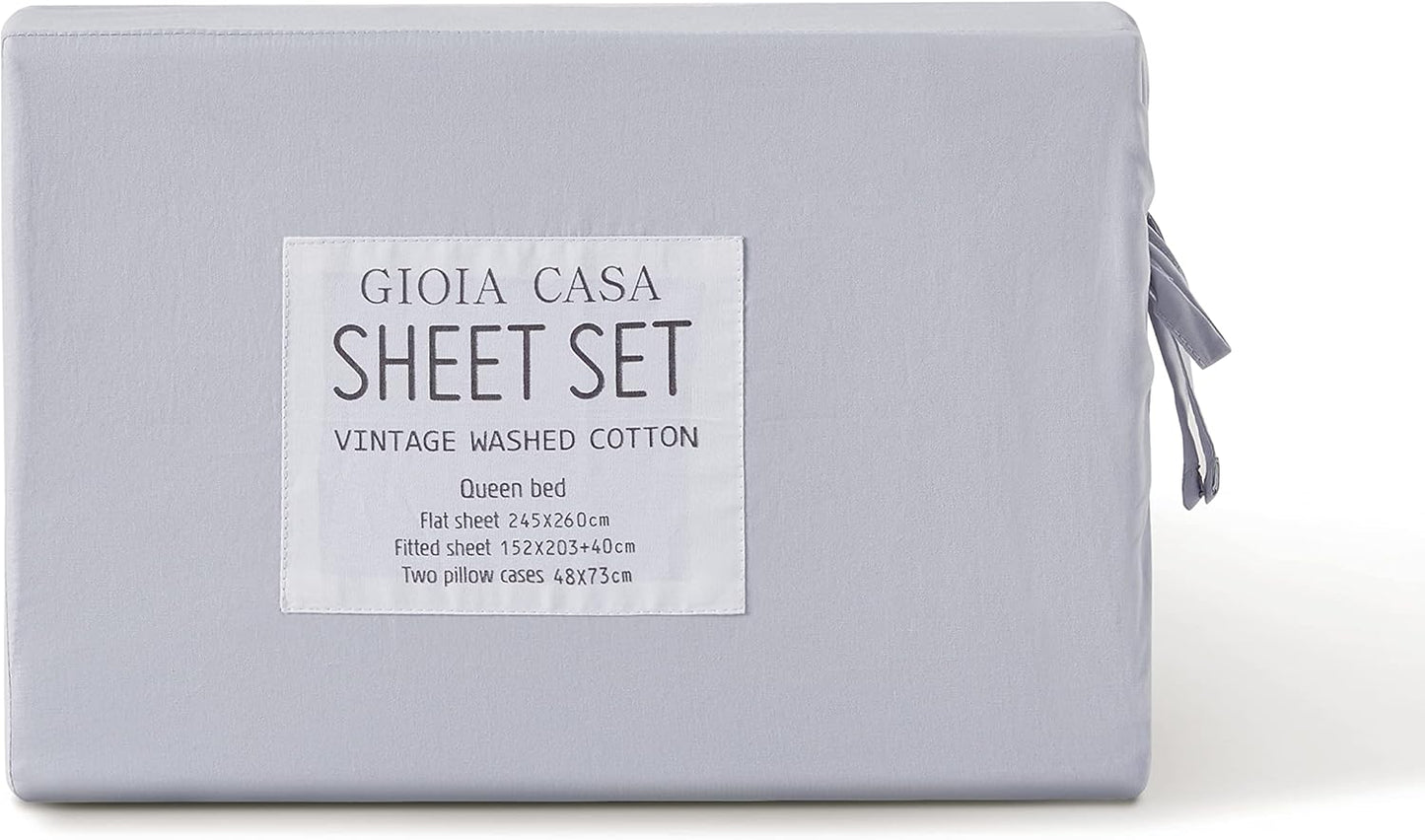 Vintage Washed 100% Cotton Sheet Set with 2 Pillowcases - Silver - Queen Size