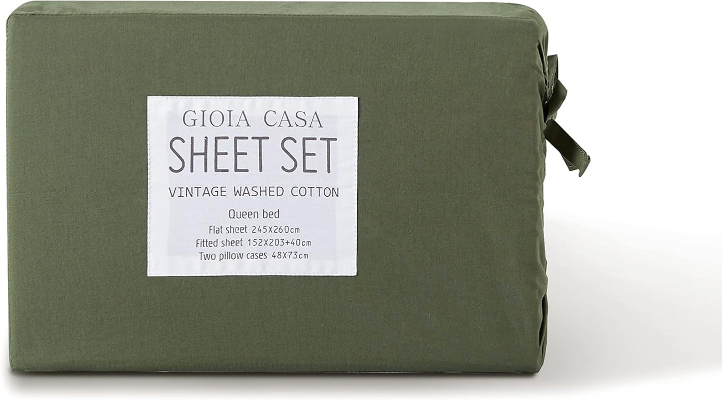 Vintage Washed 100% Cotton Sheet Set with 2 Pillowcases - Khaki Green - King