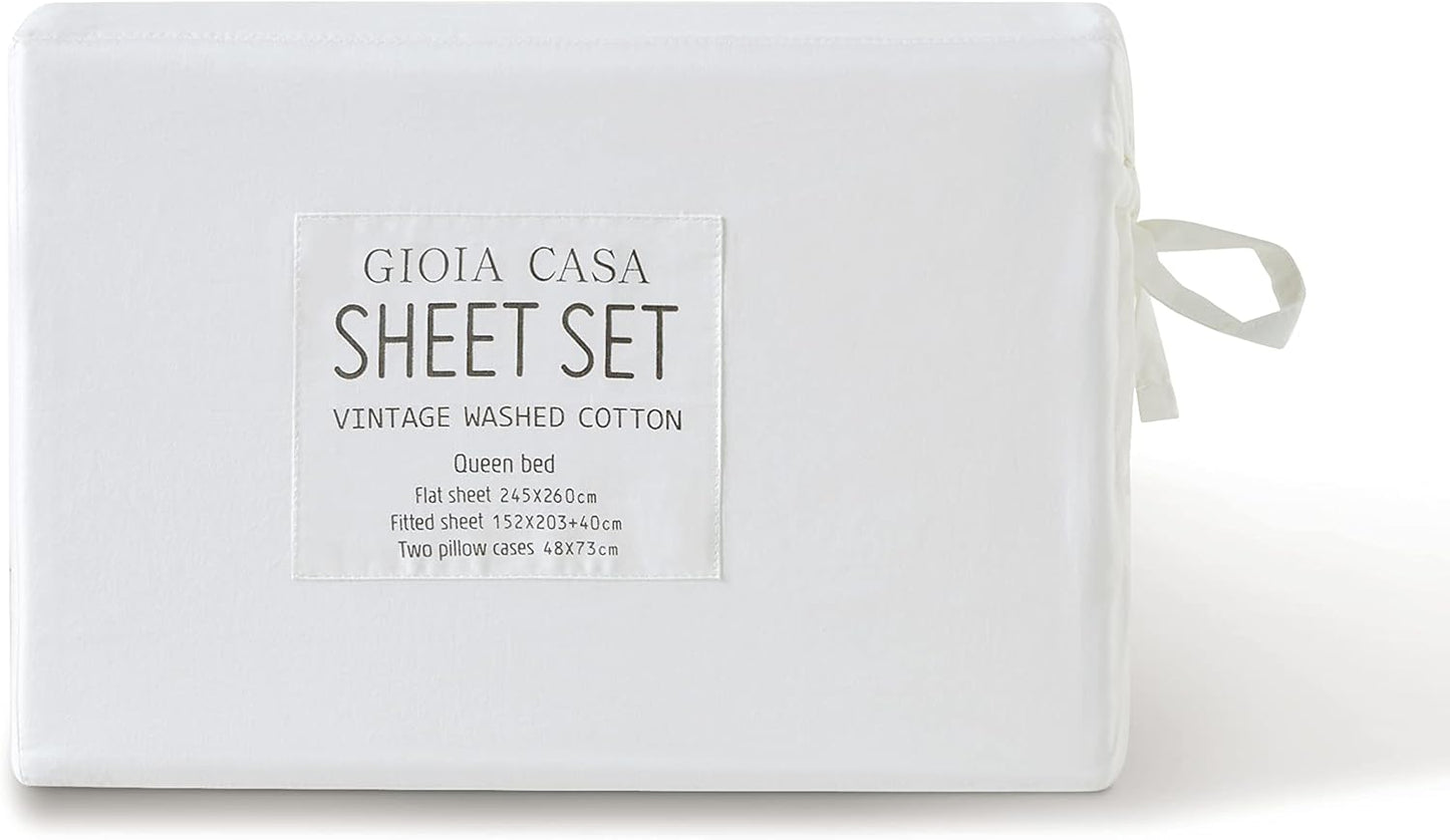 Vintage Washed 100% Cotton Sheet Set with 2 Pillowcases - White - King