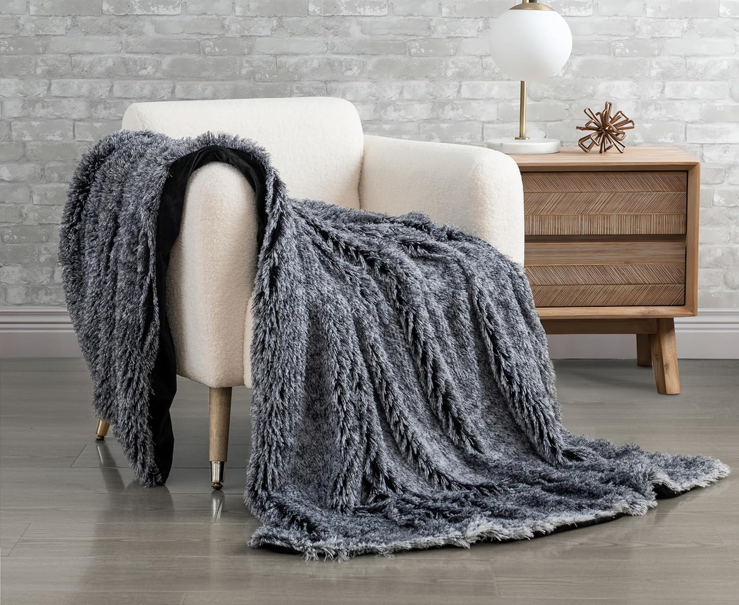 Double Sided Faux Fur Shaggy Throw Blanket - Charcoal