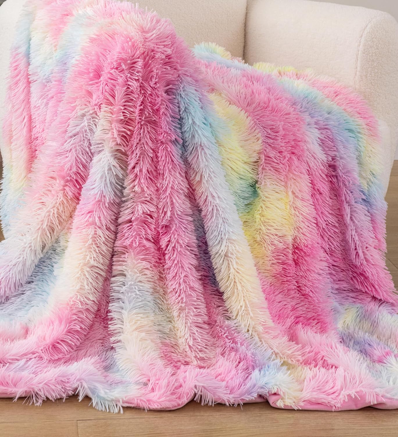 Double Sided Faux Fur Shaggy Throw Blanket - Rainbow