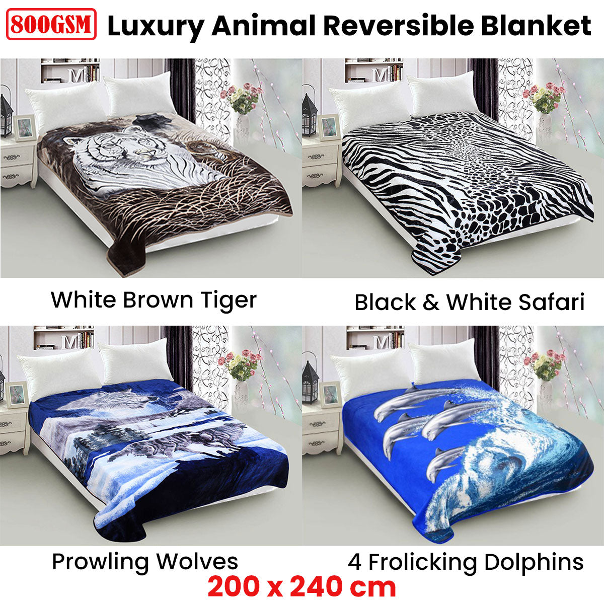 800GSM Luxury Reversible Animal Mink Blanket Queen 200 x 240 cm Frolicking Dolphins