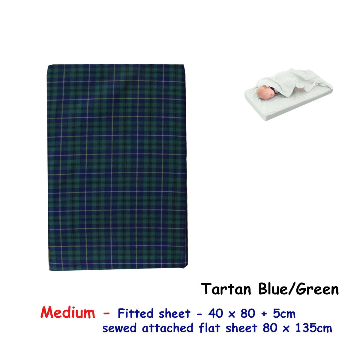 Bassinet Fitted Sheet Tartan Blue Green with Attached Flat Sheet