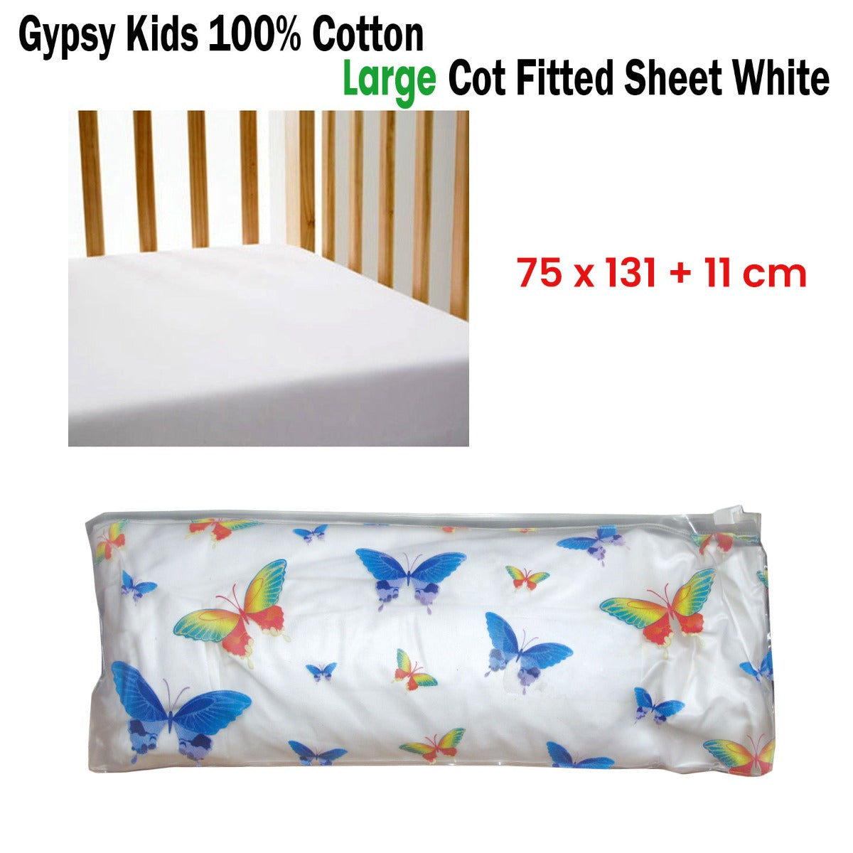 Gypsy Kids 100% Cotton Large Cot Fitted Sheet - White 75 x 131 + 11 cm