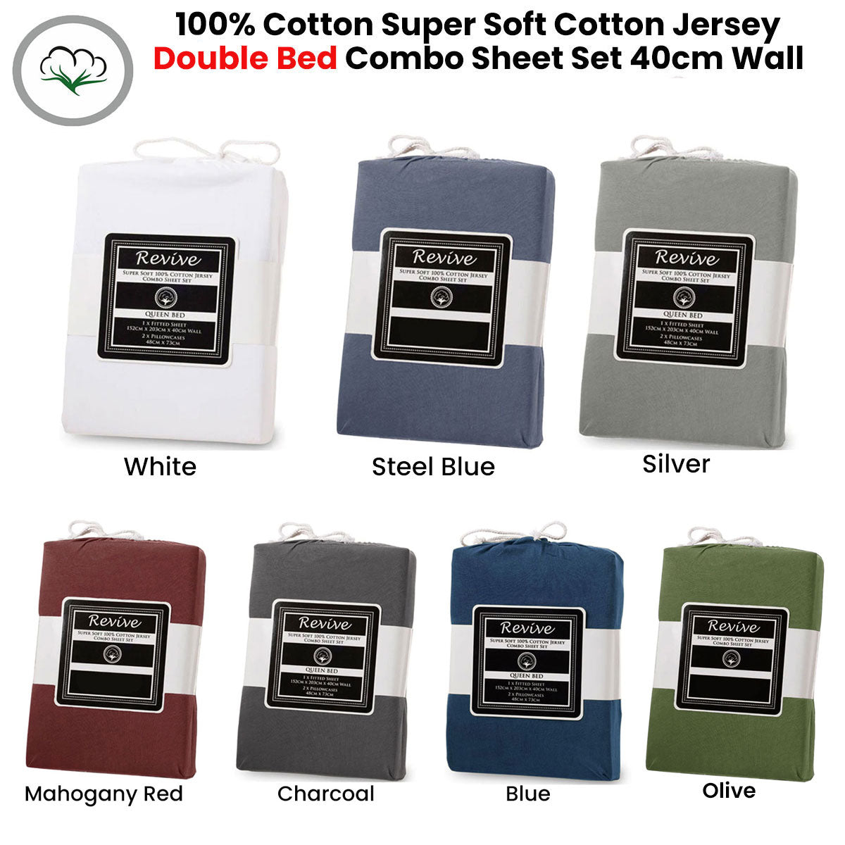 Revive Silver 100% Cotton Jersey Super Soft Fitted Sheet Combo Set Double 38cm Wall