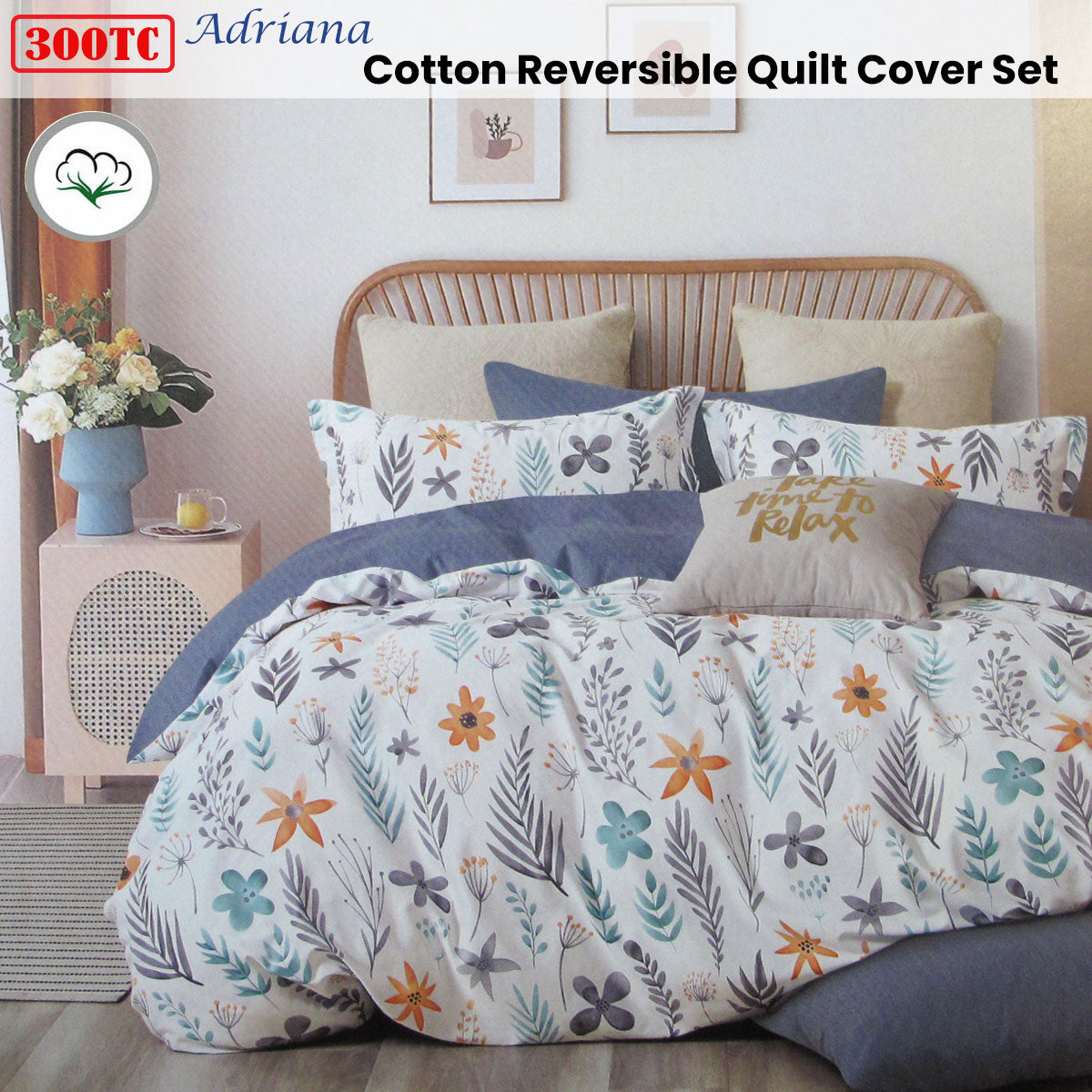 300TC Adriana Reversible Cotton Quilt Cover Set Queen