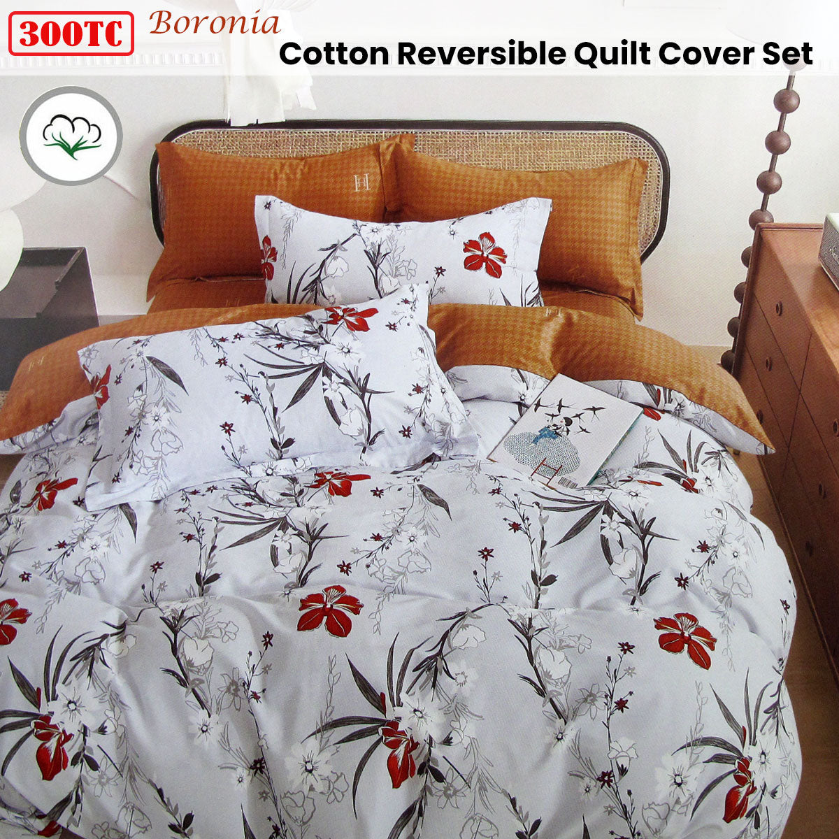 Quilt Cover Set 300TC Boronia Silver Reversible Cotton - Queen