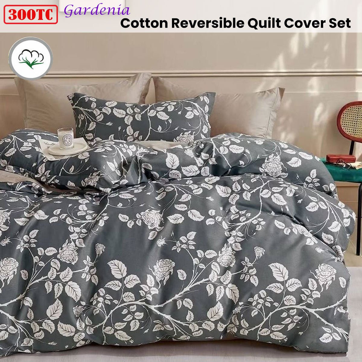 300TC Gardenia Charcoal Reversible Cotton Quilt Cover Set King