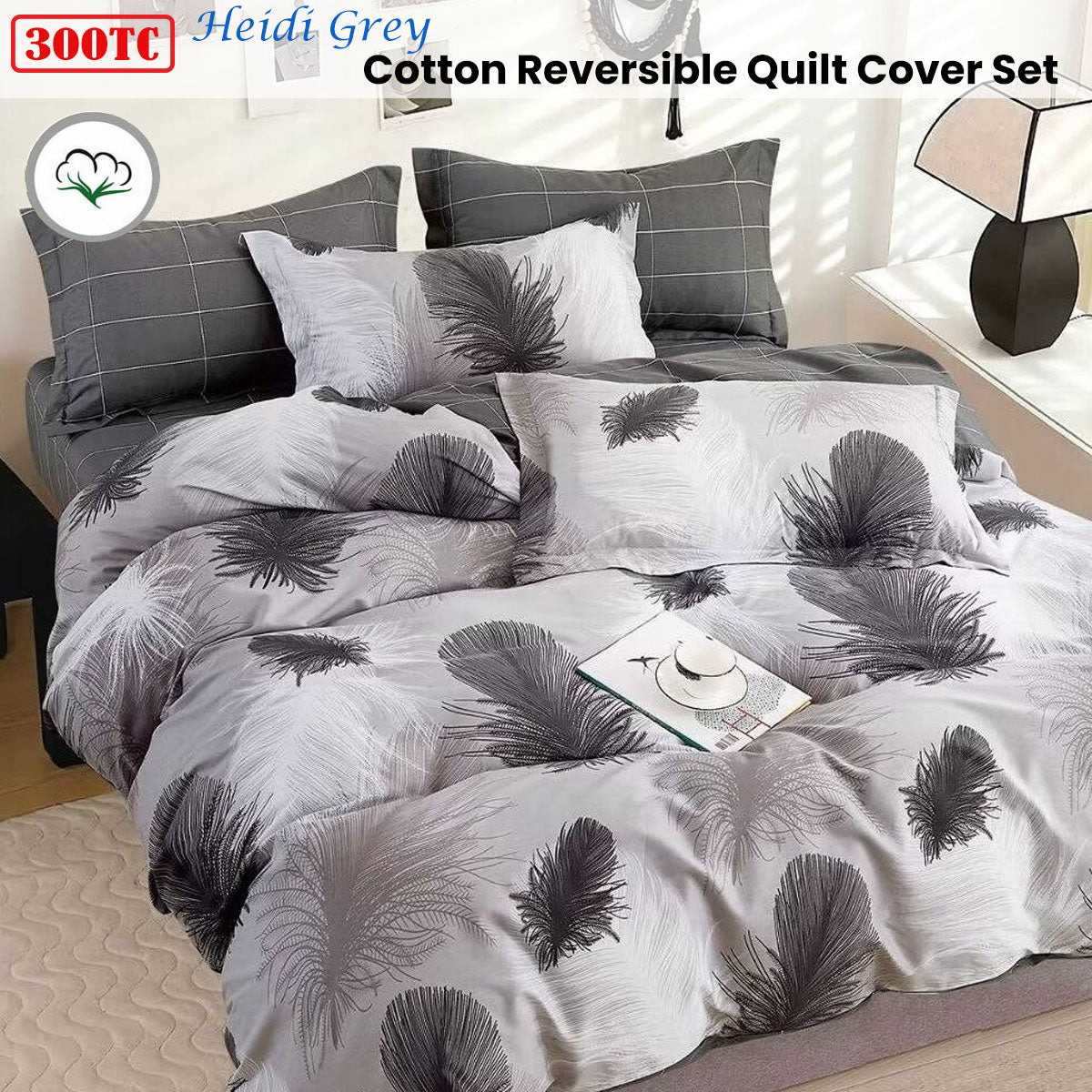 300TC Heidi Grey Reversible Cotton Quilt Cover Set Queen