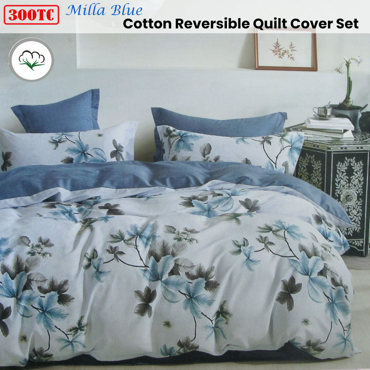 Quilt Cover Set 300TC Milla Blue Reversible Cotton - King