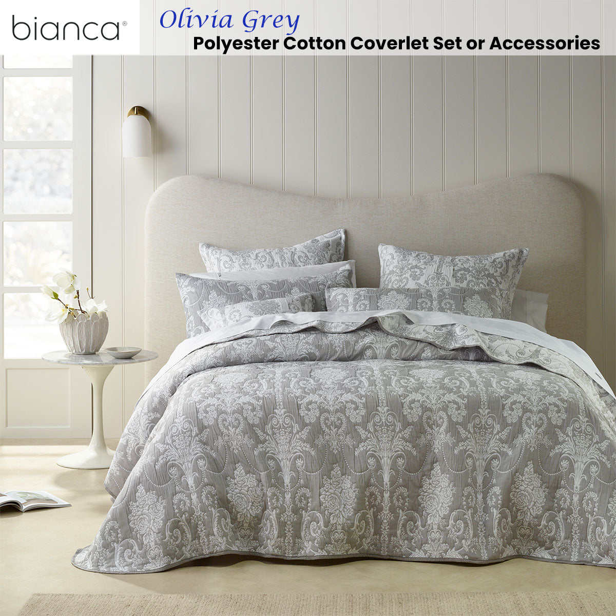 Olivia Grey Polyester Cotton Jacquard Coverlet Set Queen/King