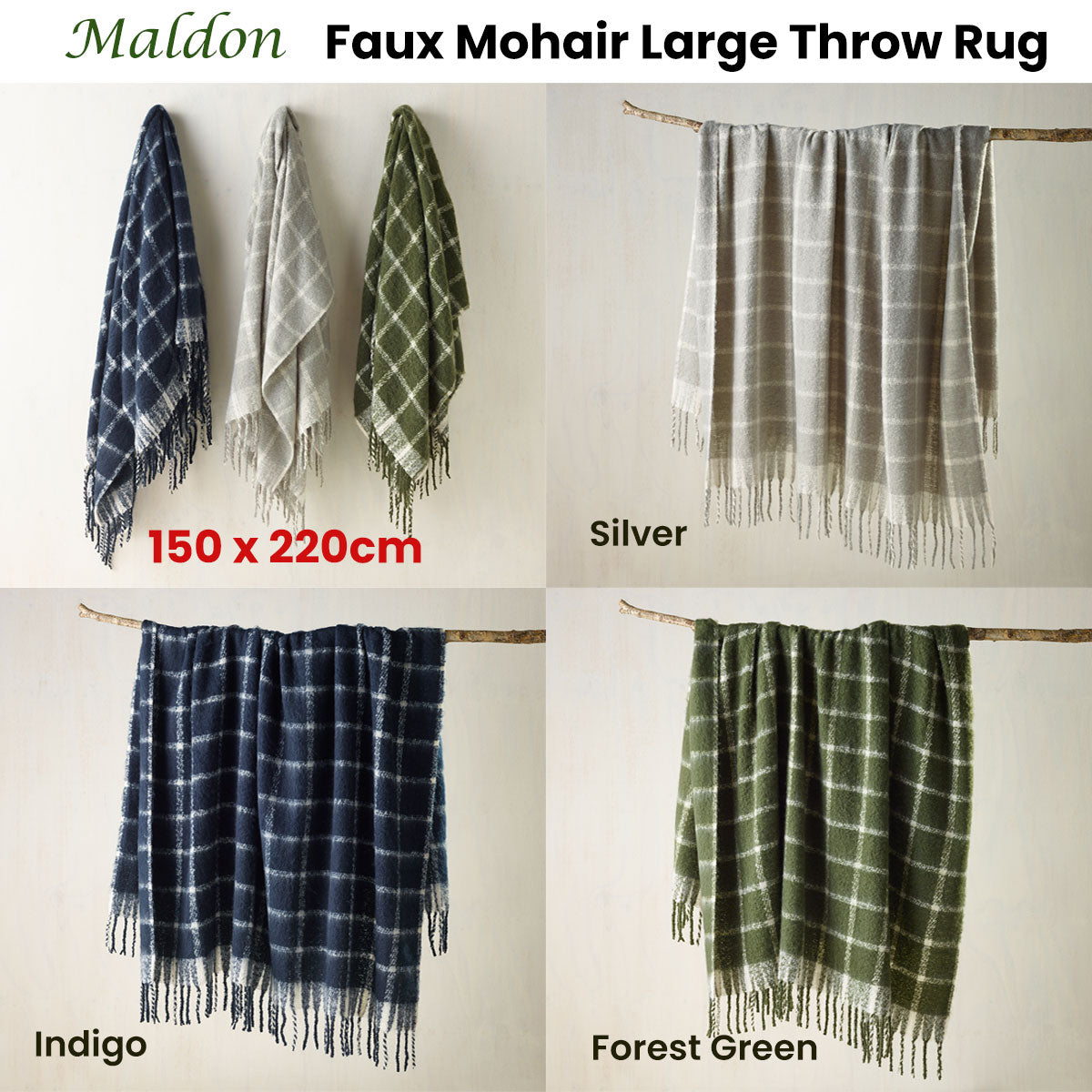 Maldon Faux Mohair Large Throw Rug 150 x 220 cm Forest Green