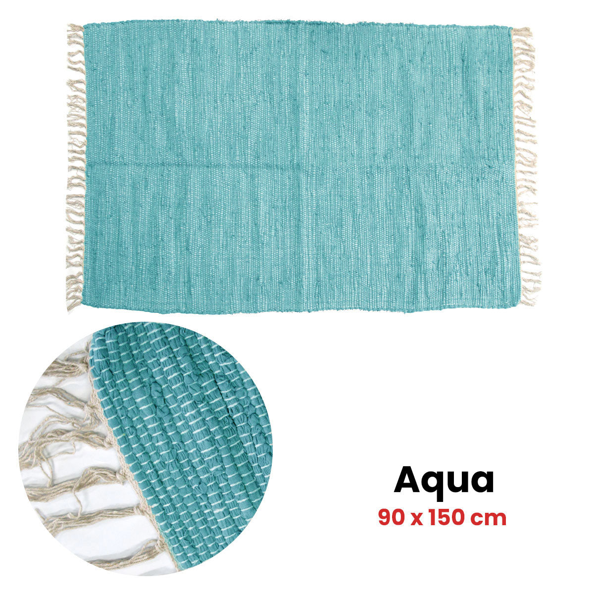 Large Chindi Cotton Handmade Floor Mat with Tassels 90x150cm - Aqua