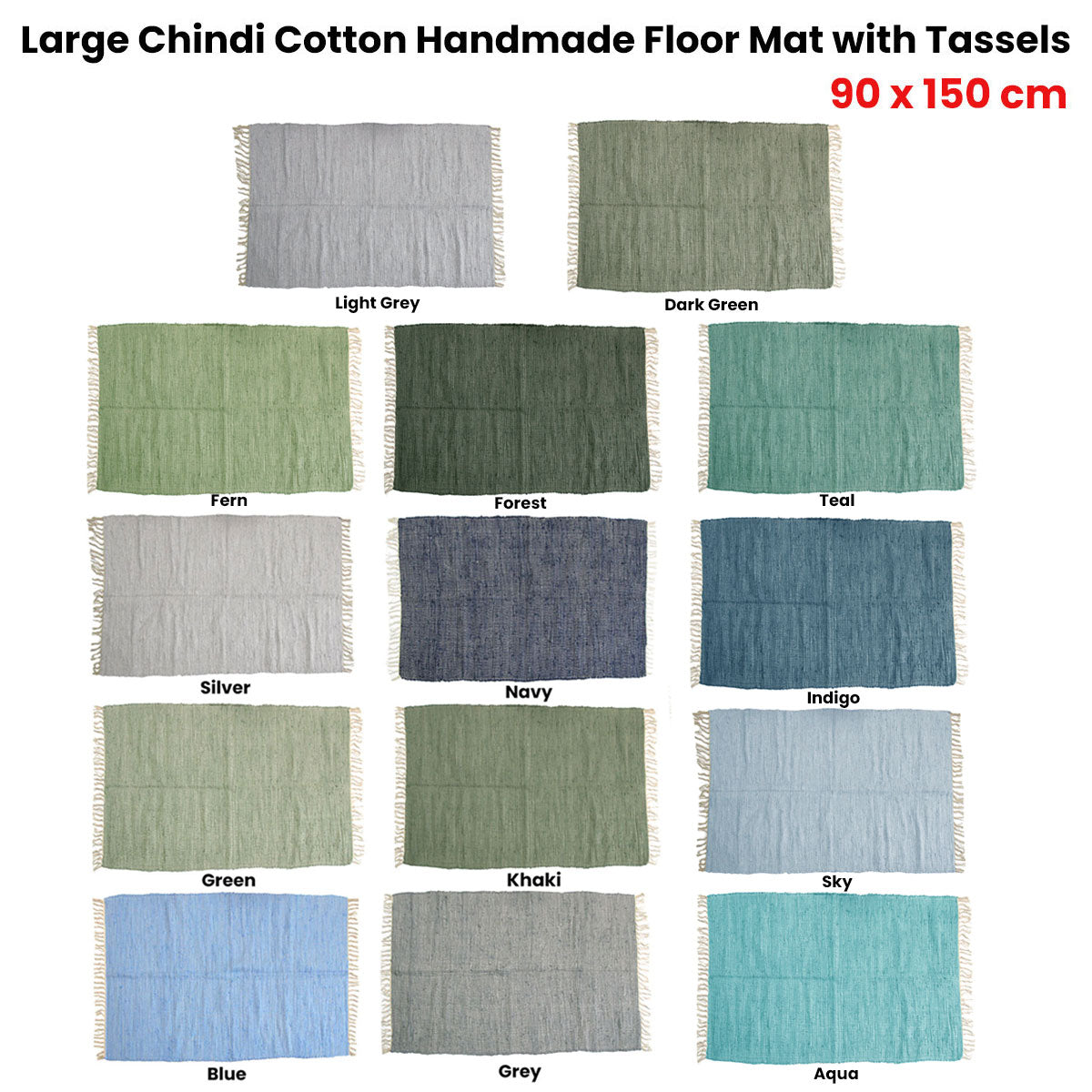 Large Chindi Cotton Handmade Floor Mat with Tassels 90x150cm - Aqua