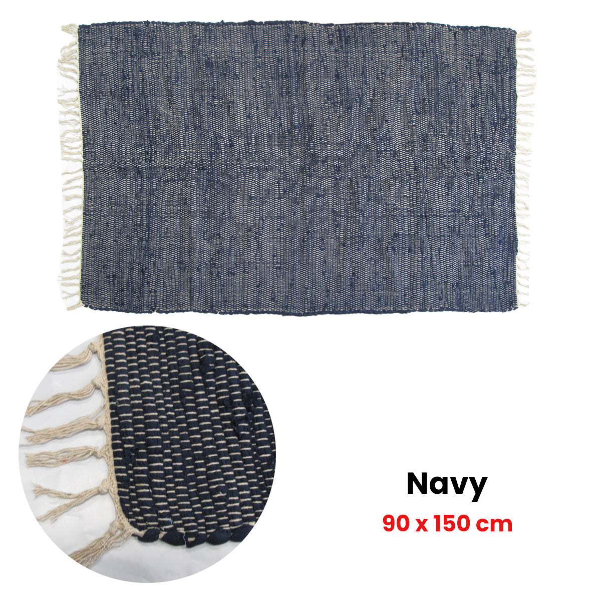 Large Chindi Cotton Handmade Floor Mat with Tassels 90x150cm - Navy