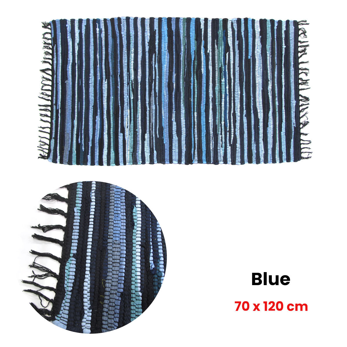 Tonal Chindi Cotton Handmade Floor Mat with Tassels 70 x 120 cm Blue