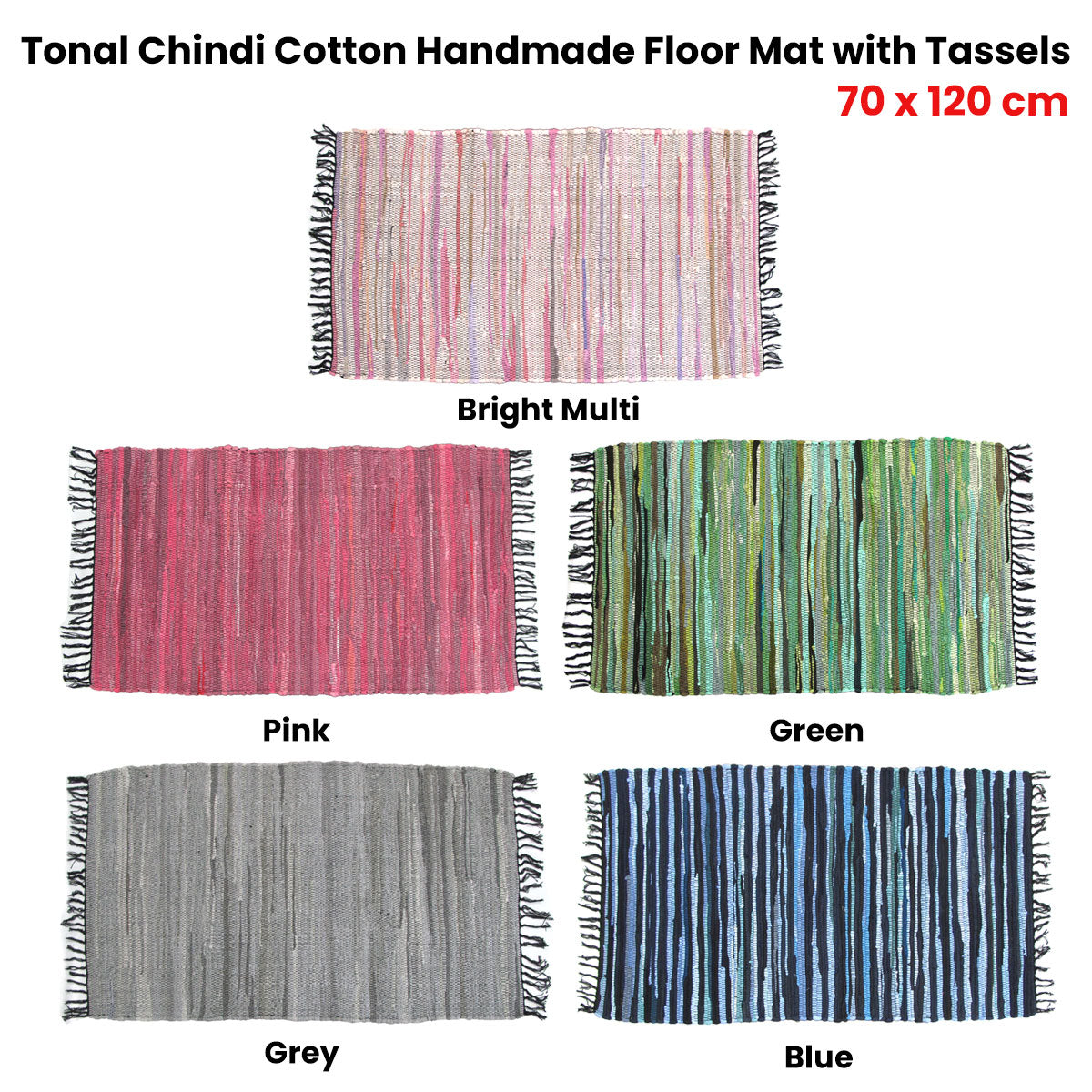 Tonal Chindi Cotton Handmade Floor Mat with Tassels 70 x 120 cm Blue