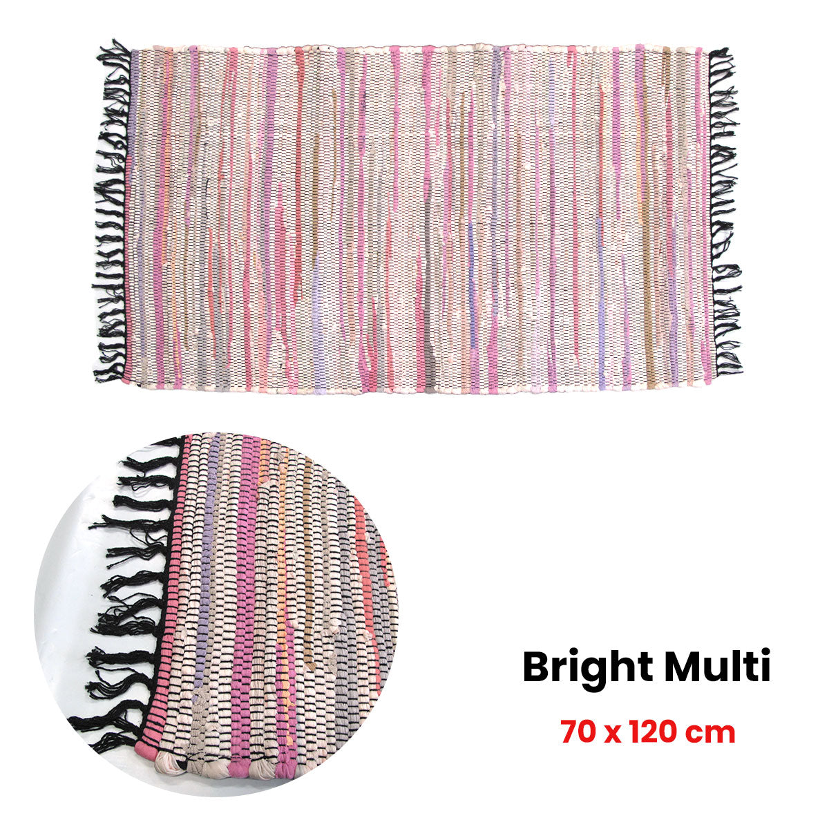 Tonal Chindi Cotton Handmade Floor Mat with Tassels 70x120cm - Bright Multi