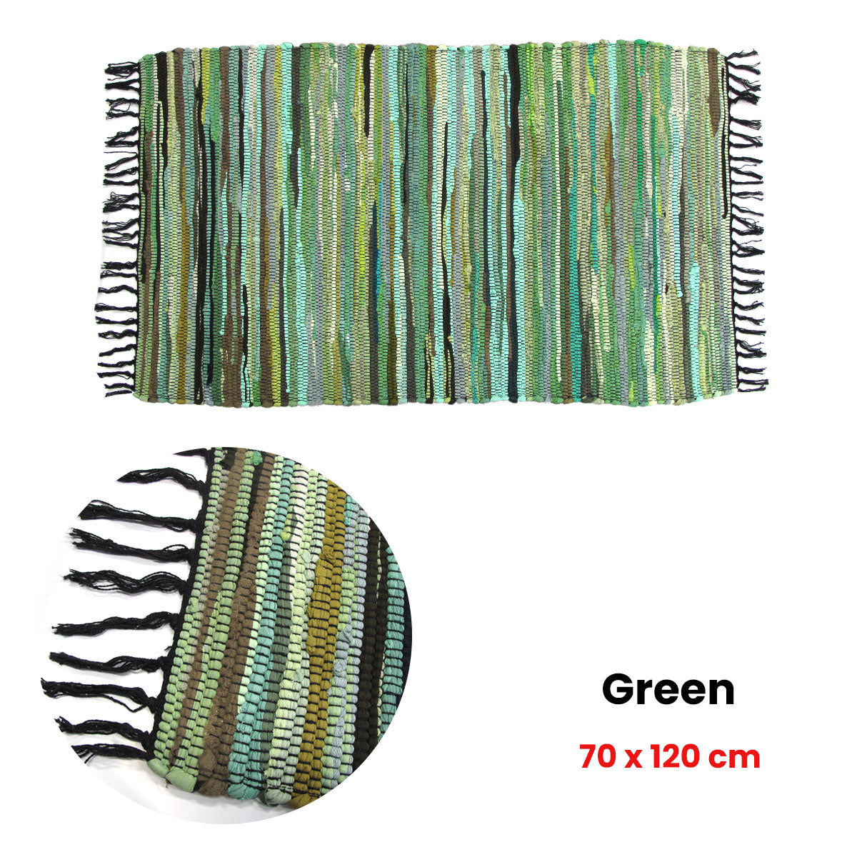 Tonal Chindi Cotton Handmade Floor Mat with Tassels 70x120cm - Green