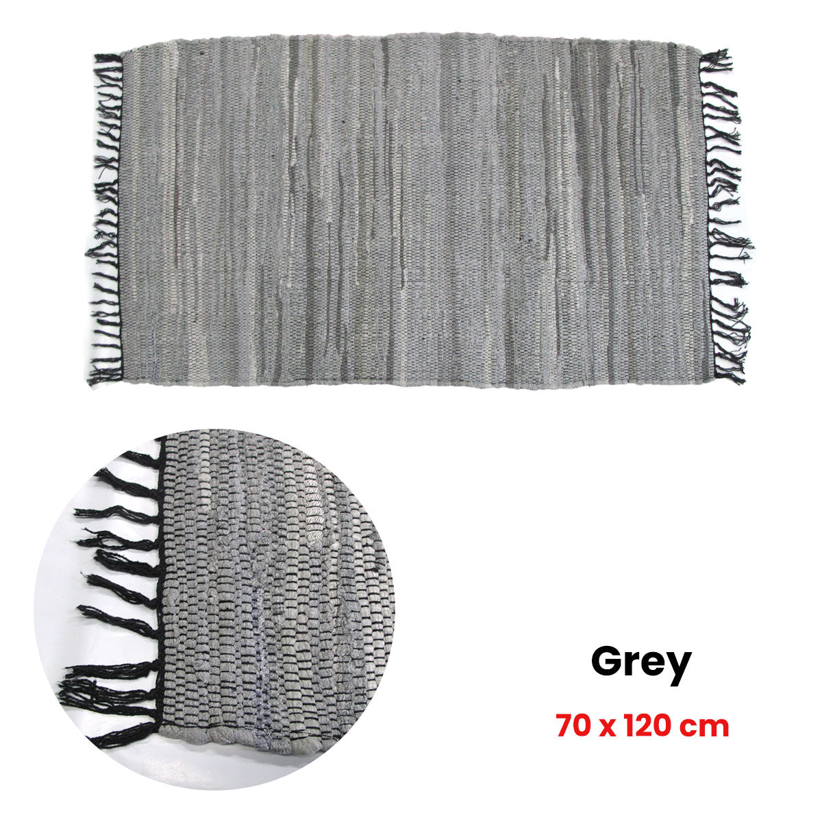 Tonal Chindi Cotton Handmade Floor Mat with Tassels 70x120cm - Grey