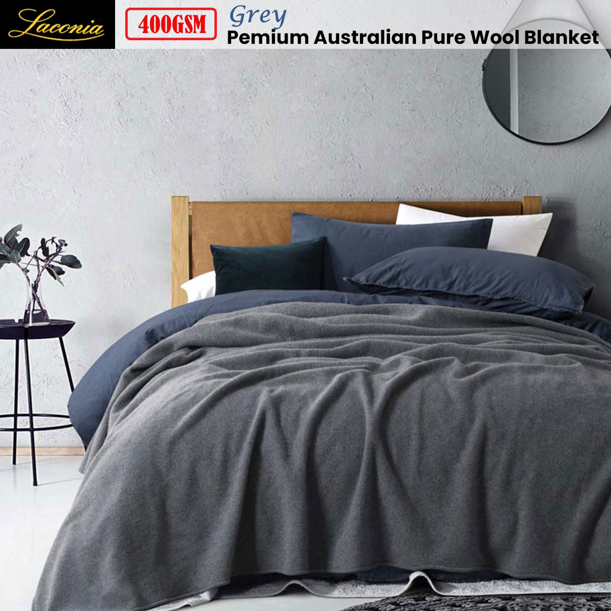 Wool Blanket Double 400GSM Premium Australian Pure - Grey Laconia