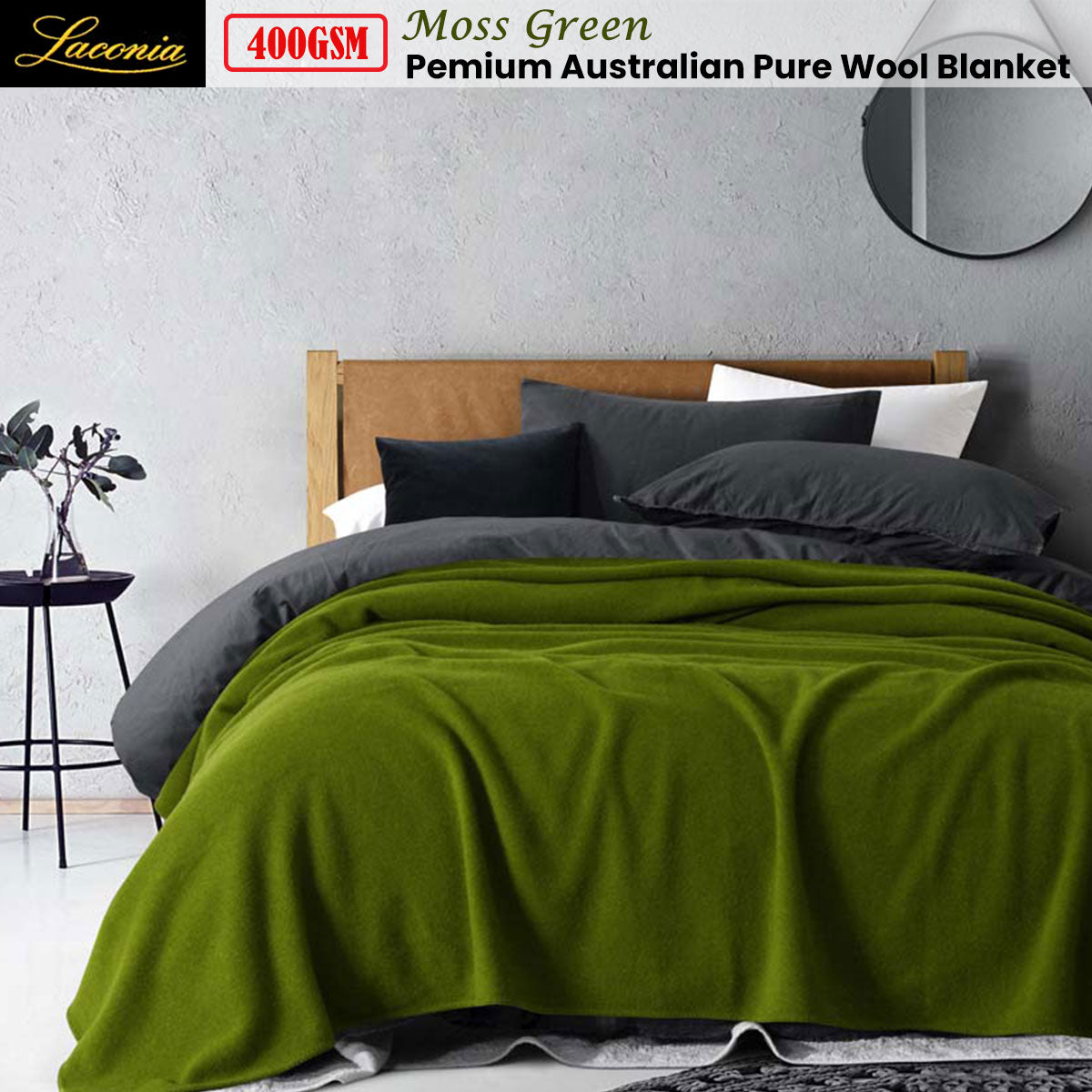 Wool Blanket Double 400GSM Premium Australian Pure - Moss Green Laconia