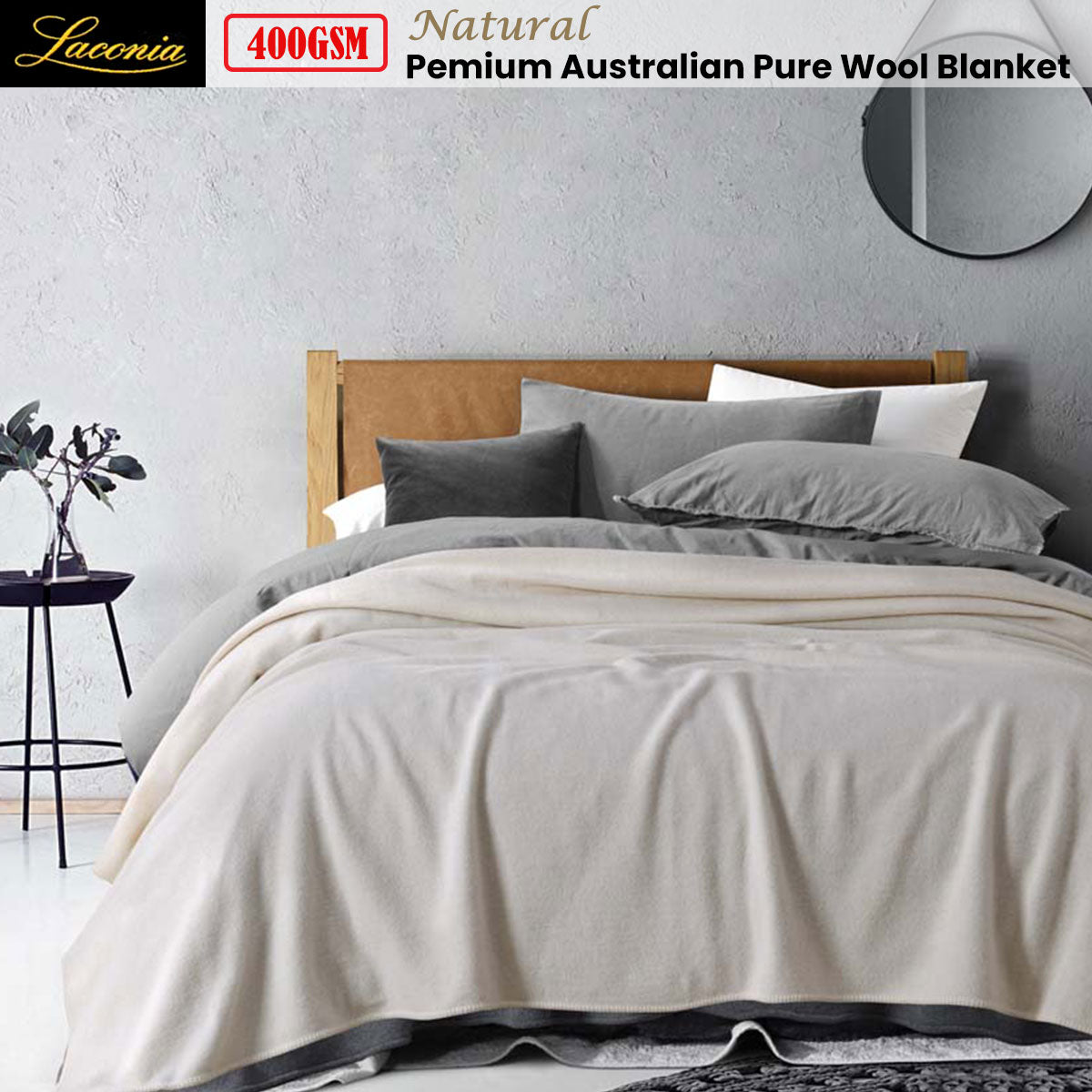 Wool Blanket Double 400GSM Premium Australian Pure - Natural Laconia