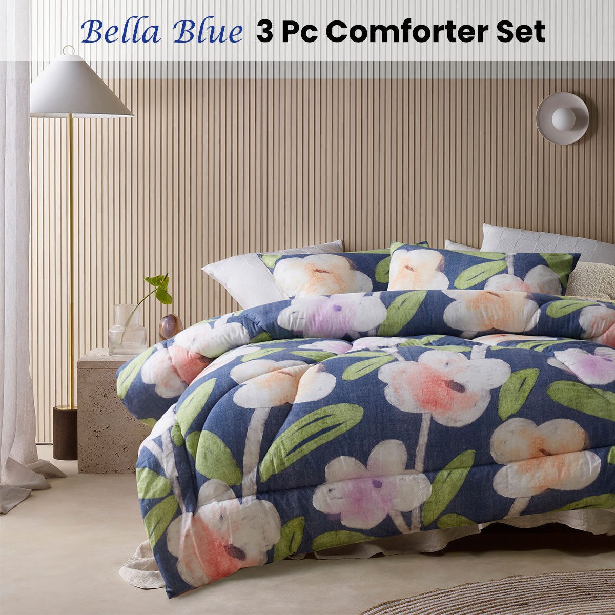 Accessorize Bella Blue Floral 3 Piece Comforter Set Queen