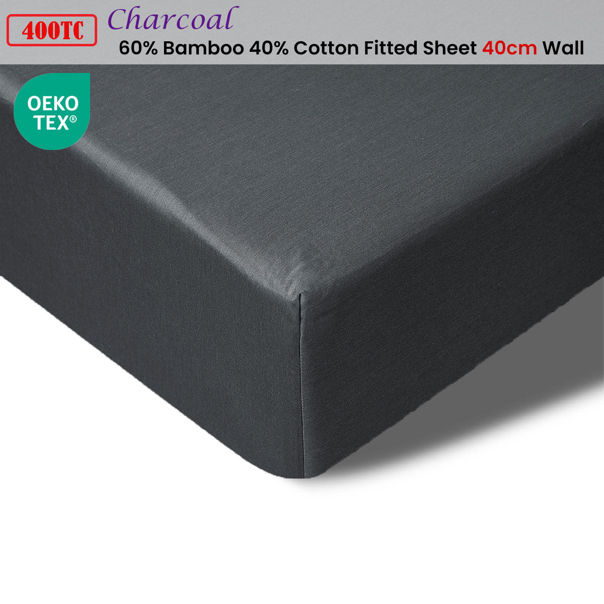 Fitted Sheet King Single 400TC Charcoal Bamboo Cotton 40cm Wall Accessorize