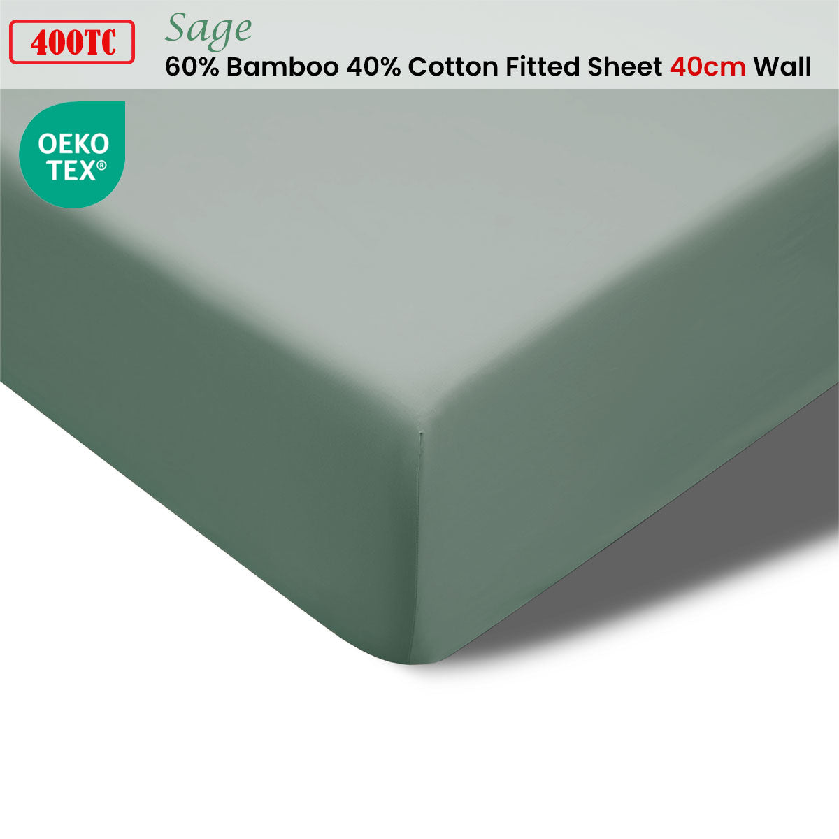 Fitted Sheet Double 400TC Sage Bamboo Cotton 40cm Wall Accessorize