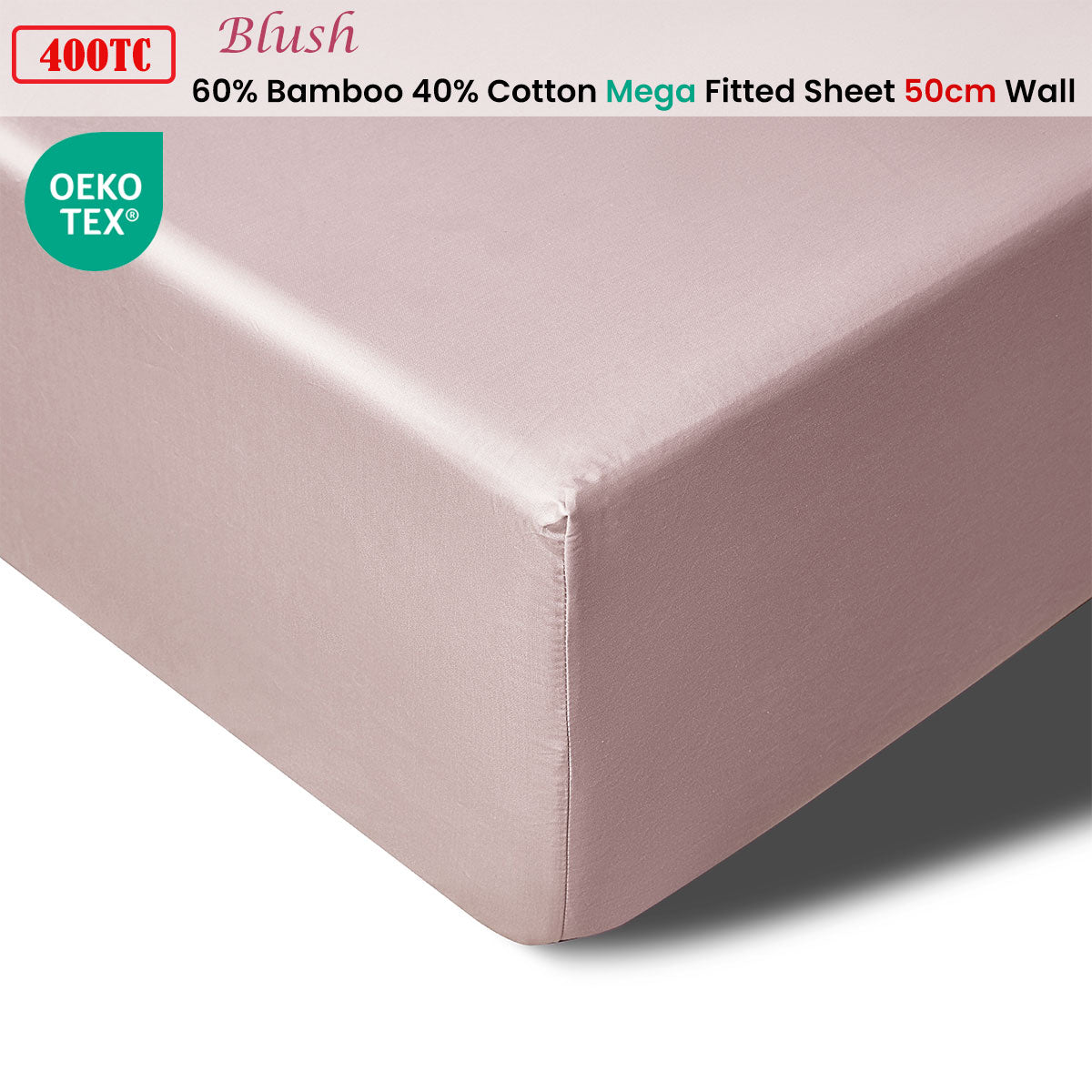 Accessorize 400TC Blush Bamboo Cotton Mega / Super Fitted Sheet 50cm Wall King