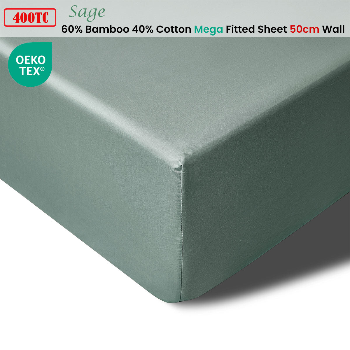 Mega/Super Fitted Sheet Queen 400TC Sage Bamboo Cotton 50cm Wall Accessorize