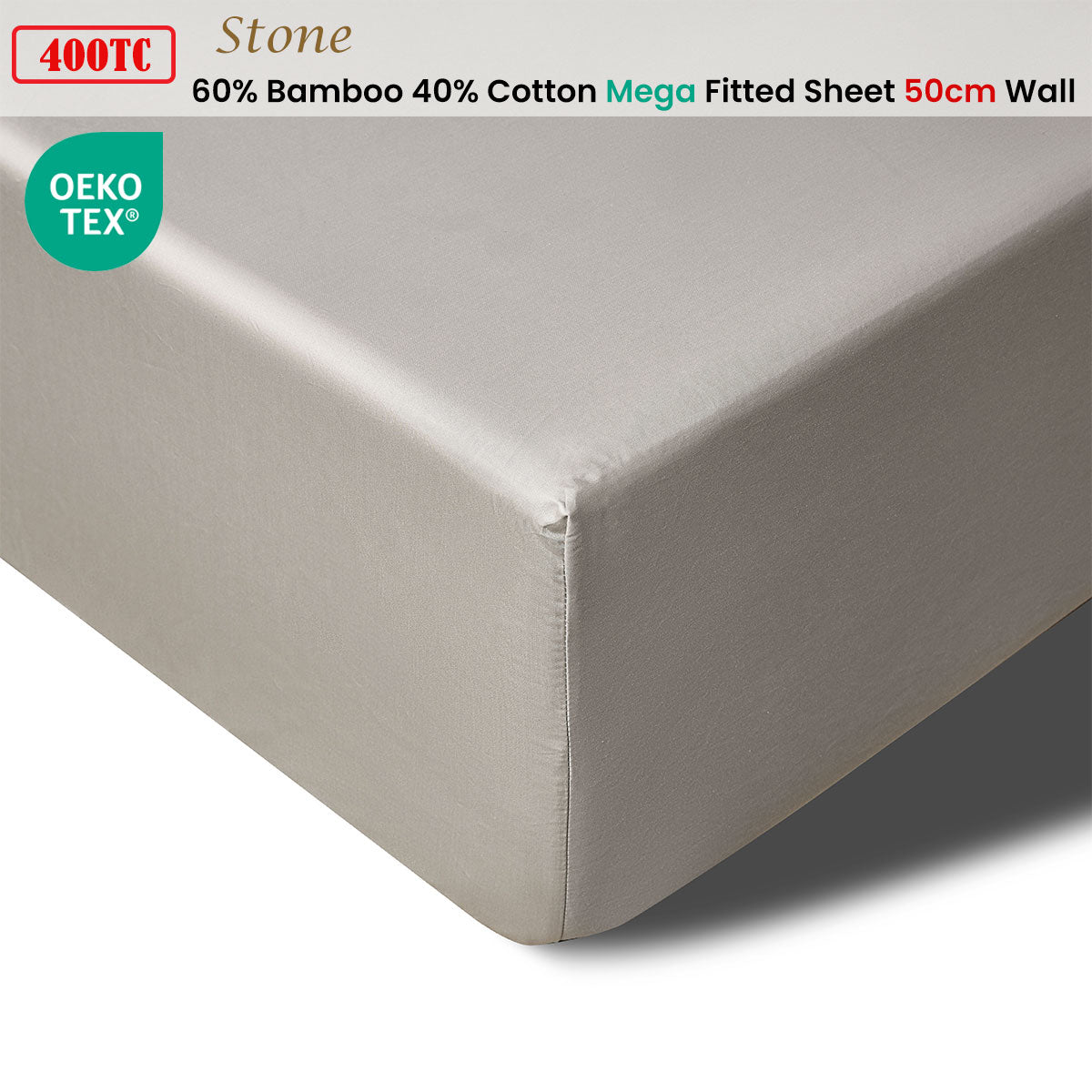 Mega/Super Fitted Sheet King 400TC Stone Bamboo Cotton 50cm Wall Accessorize