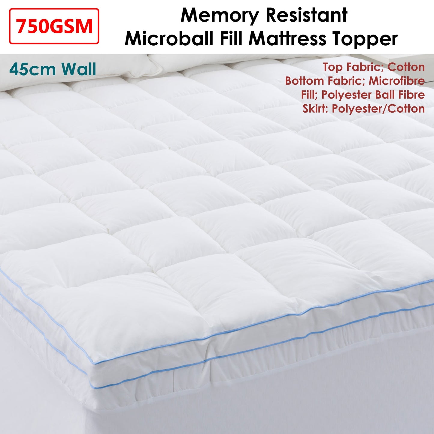 Cloudland 750GSM Memory Resistant Microball Fill Mattress Topper Queen