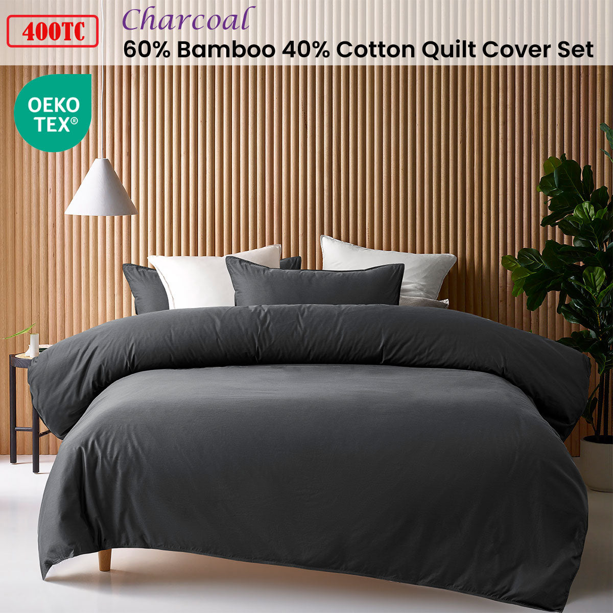 Accessorize Charcoal 400TC Charcoal Bamboo Cotton Double Stitched Quilt Cover Set Double