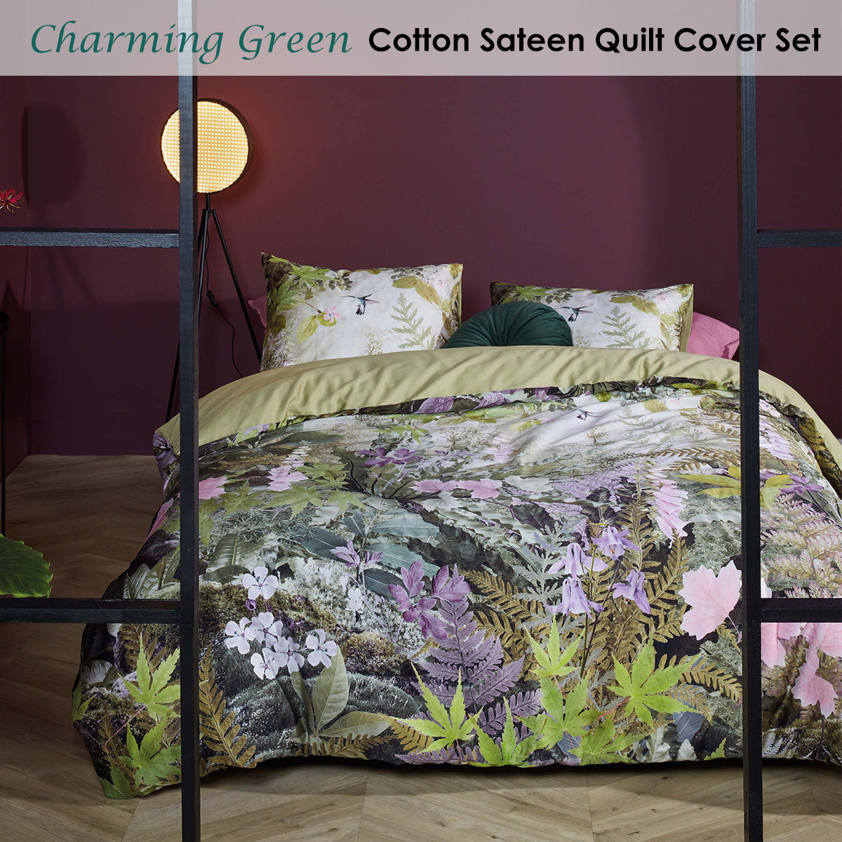 Quilt Cover Set Bedding House Charming Green Cotton Sateen - Queen