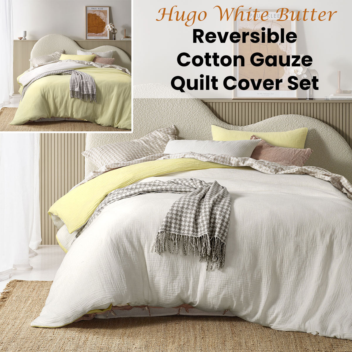 Quilt Cover Set Vintage Design Homewares Hugo Reversible White Butter Cotton Gauze - Super King