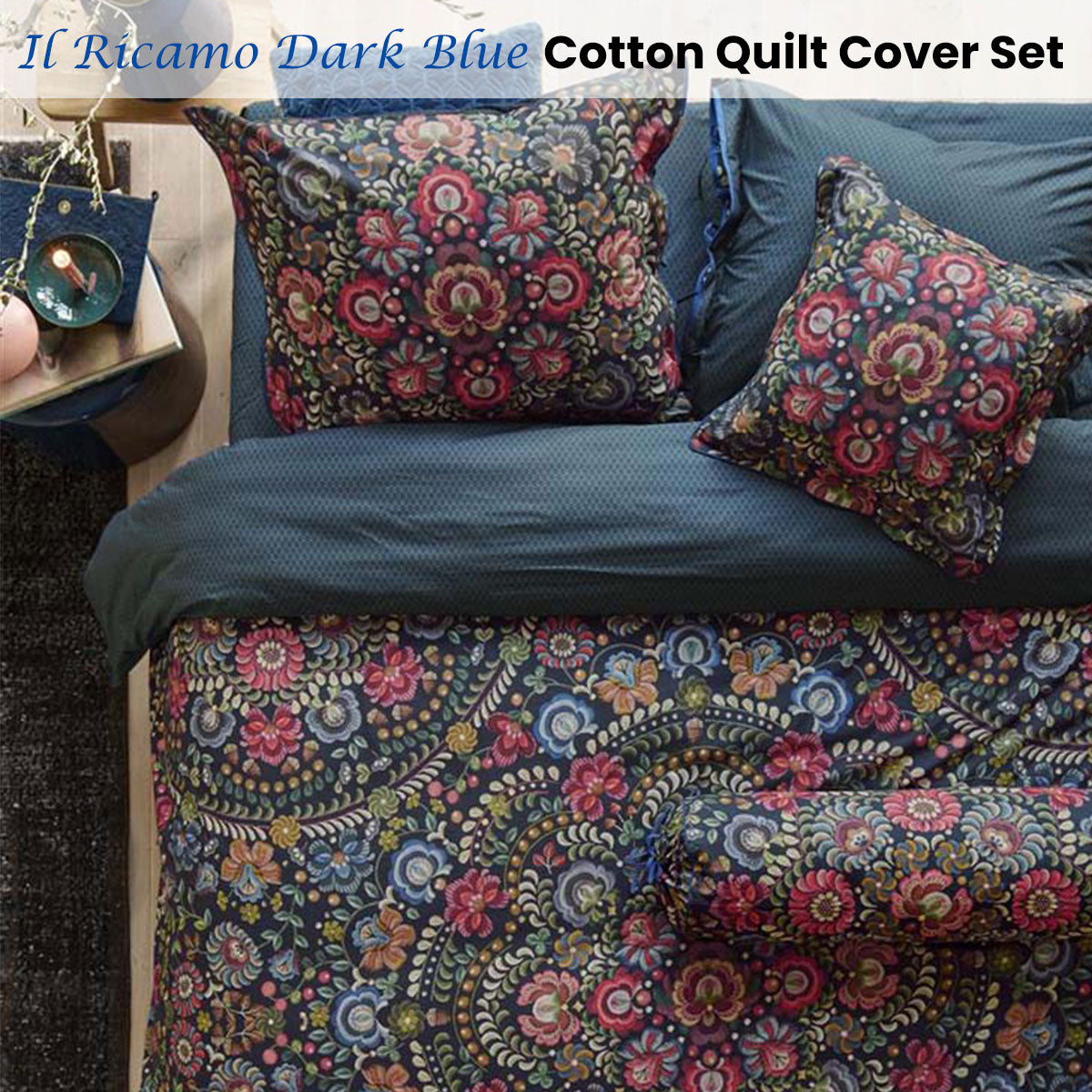 PIP Studio Il Ricamo Dark Blue Cotton Quilt Cover Set - Queen