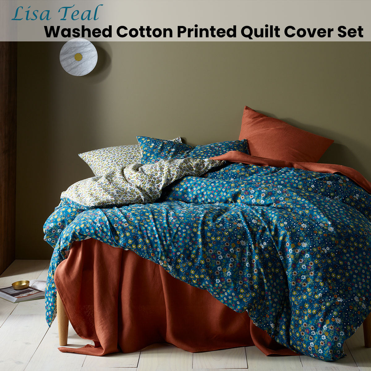 Quilt Cover Set Queen Accessorize Lisa Teal Washed Cotton Printed