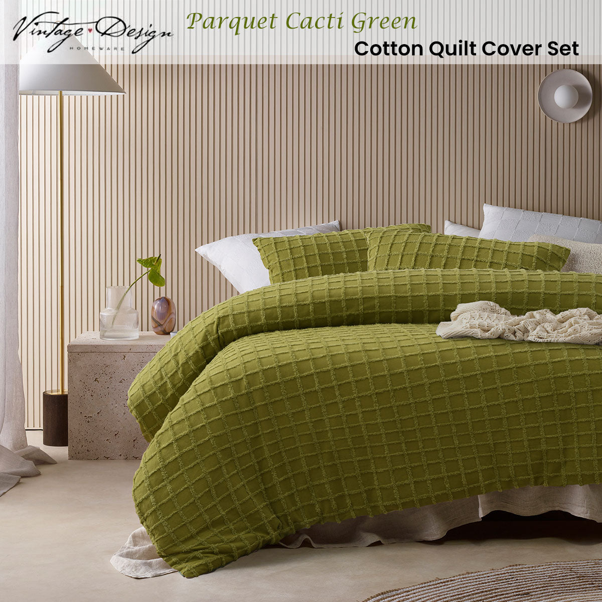 Vintage Design Homewares Parquet Cacti Green Cotton Quilt Cover Set - King