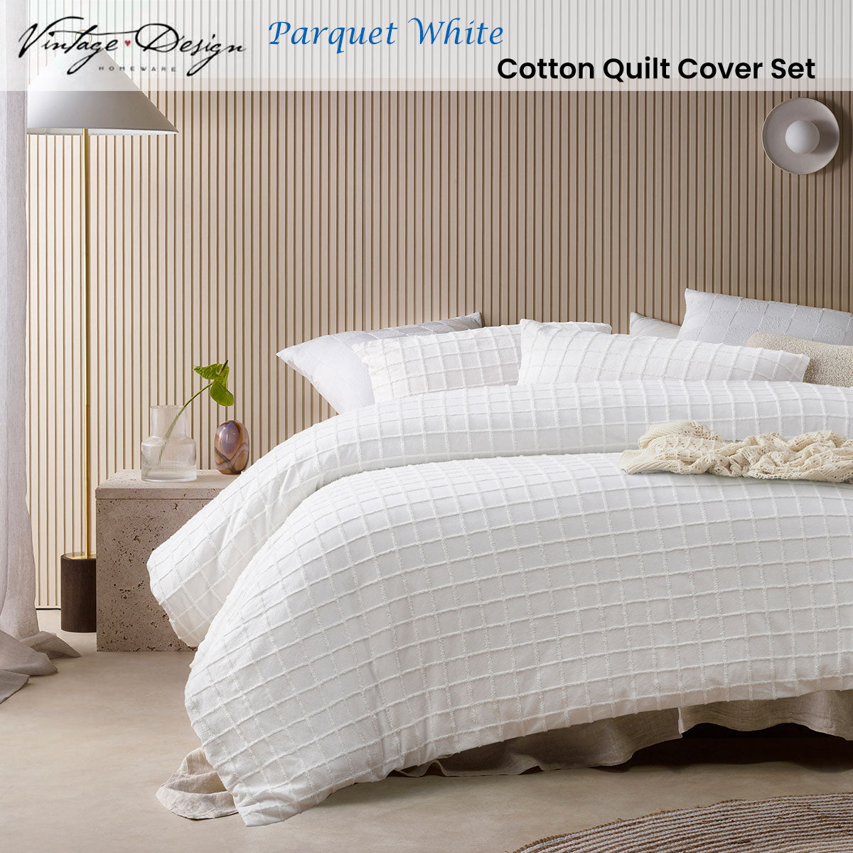 Vintage Design Homewares Parquet White Cotton Quilt Cover Set King