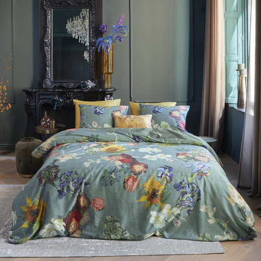 Quilt Cover Set King Bedding House Van Gogh Partout des Fleurs Green Cotton Sateen