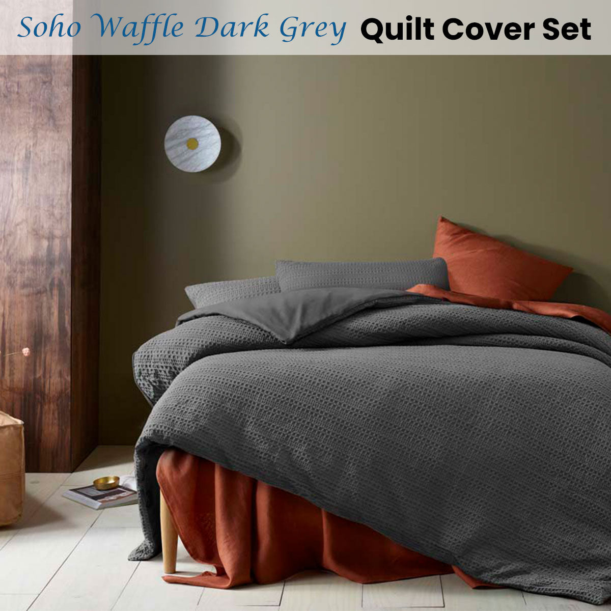 Accessorize Waffle Dark Grey Quilt Cover Set - Queen