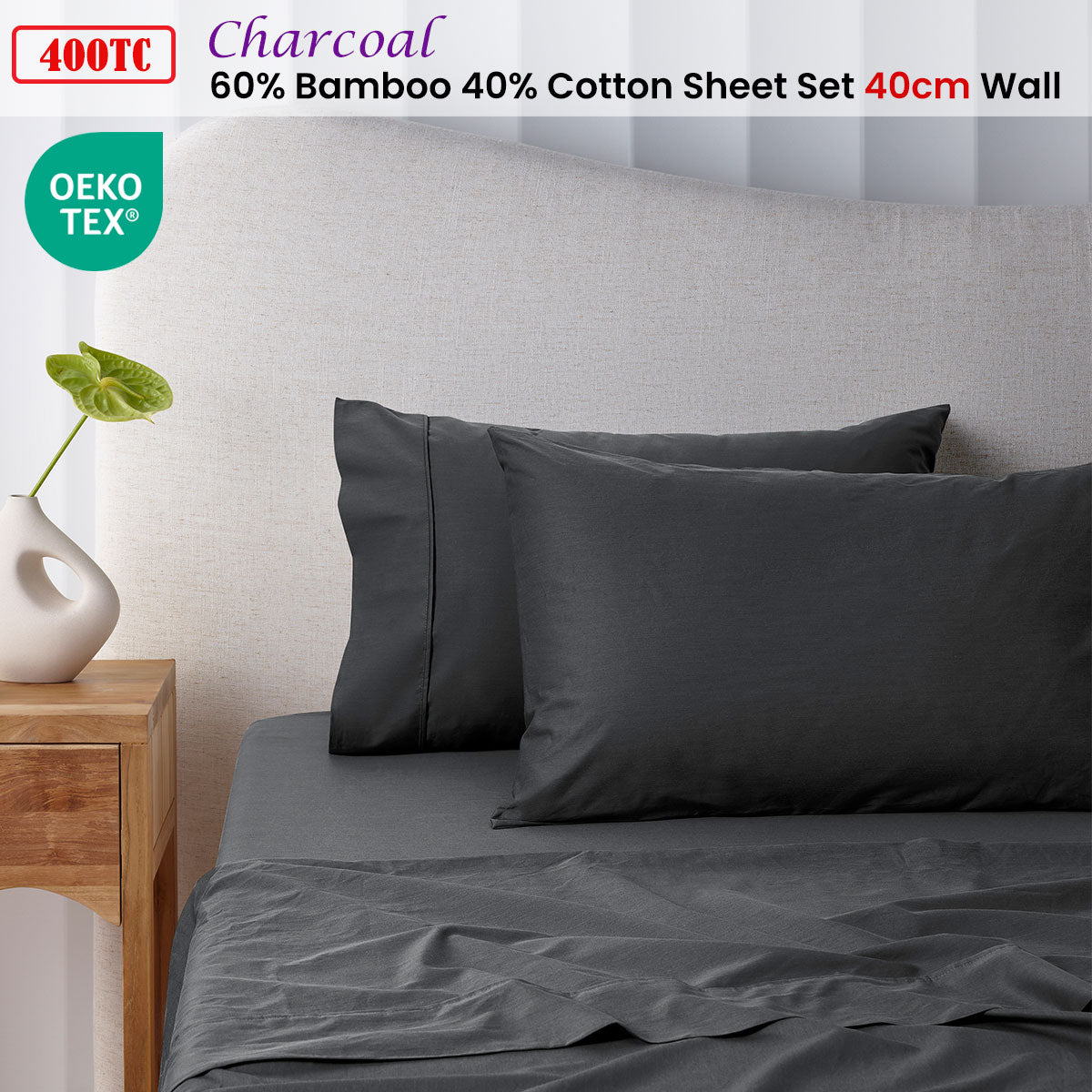 Sheet Set Double 400TC Charcoal Bamboo Cotton 40cm Wall Accessorize