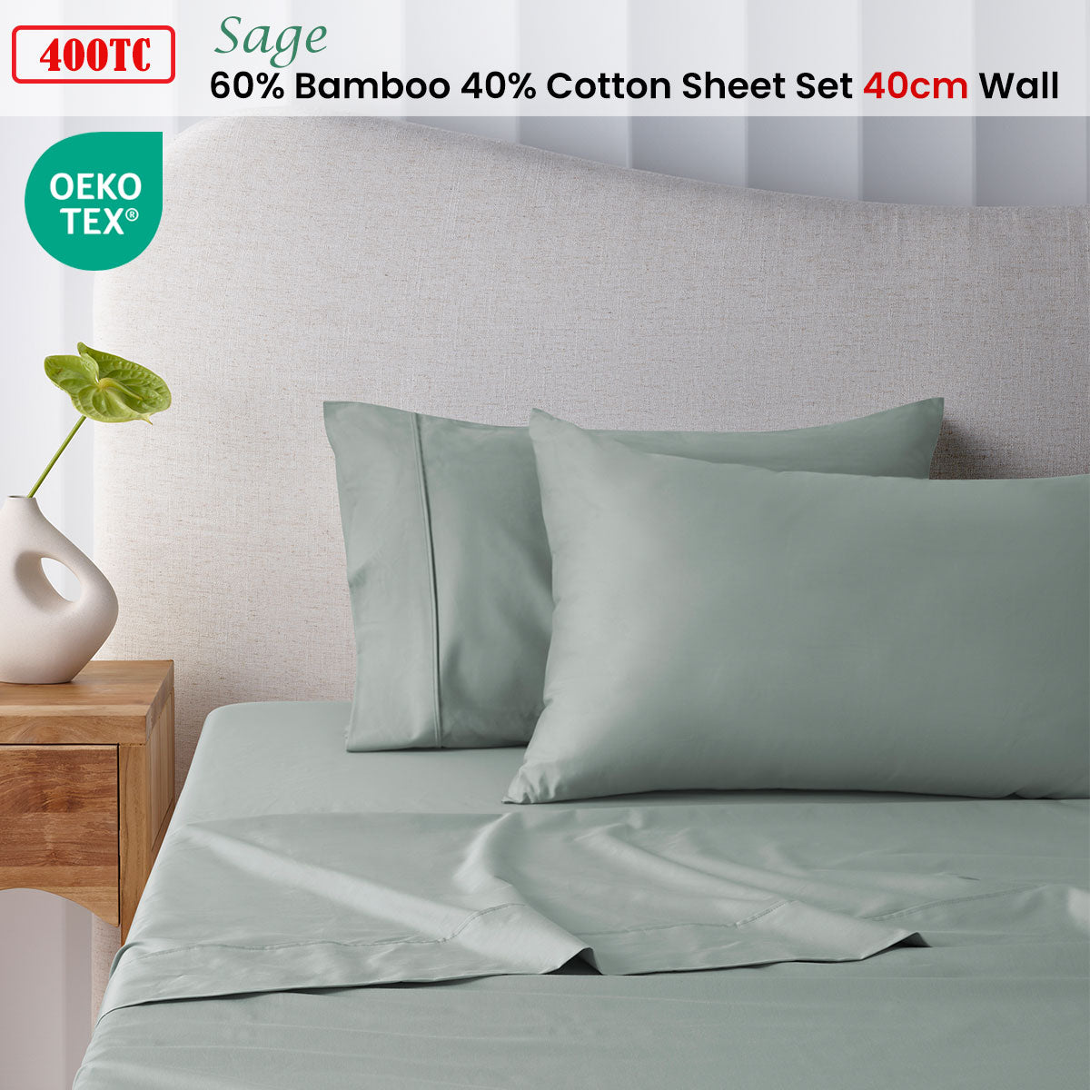 Accessorize 400TC Sage Bamboo Cotton Sheet Set 40cm Wall King