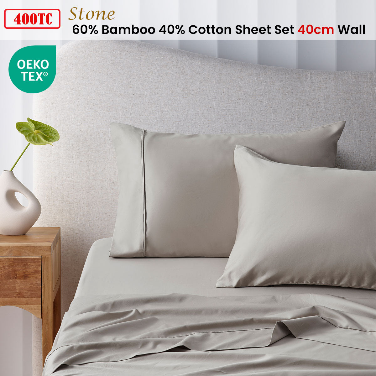 Sheet Set Double 400TC Stone Bamboo Cotton 40cm Wall Accessorize