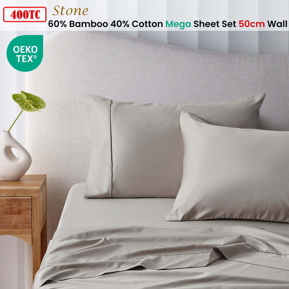 Accessorize 400TC Stone Bamboo Cotton Mega / Super Sheet Set 50cm Wall King